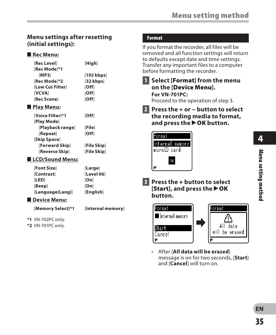 Menu setting method, En m e nu set ting m e th od, Menu settings after resetting (initial settings) | Olympus VN-702PC User Manual | Page 35 / 45