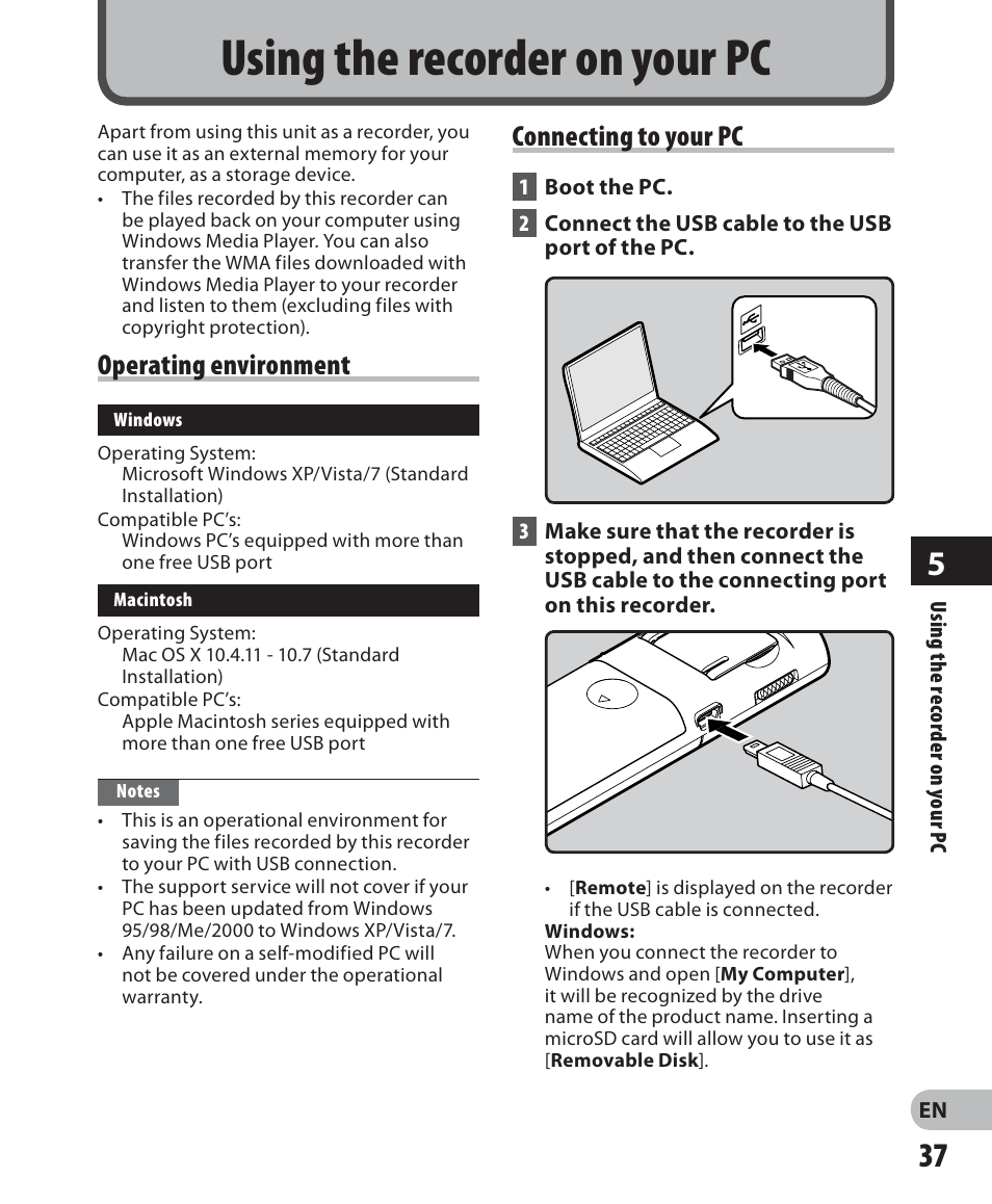 Using the recorder on your pc, Operating environment, Connecting to your pc | Olympus VN-702PC User Manual | Page 37 / 45