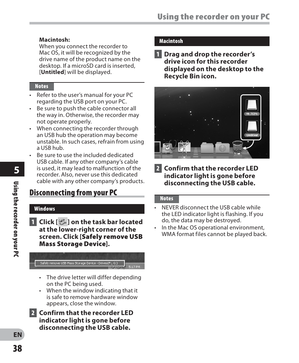 Using the recorder on your pc, Disconnecting from your pc | Olympus VN-702PC User Manual | Page 38 / 45