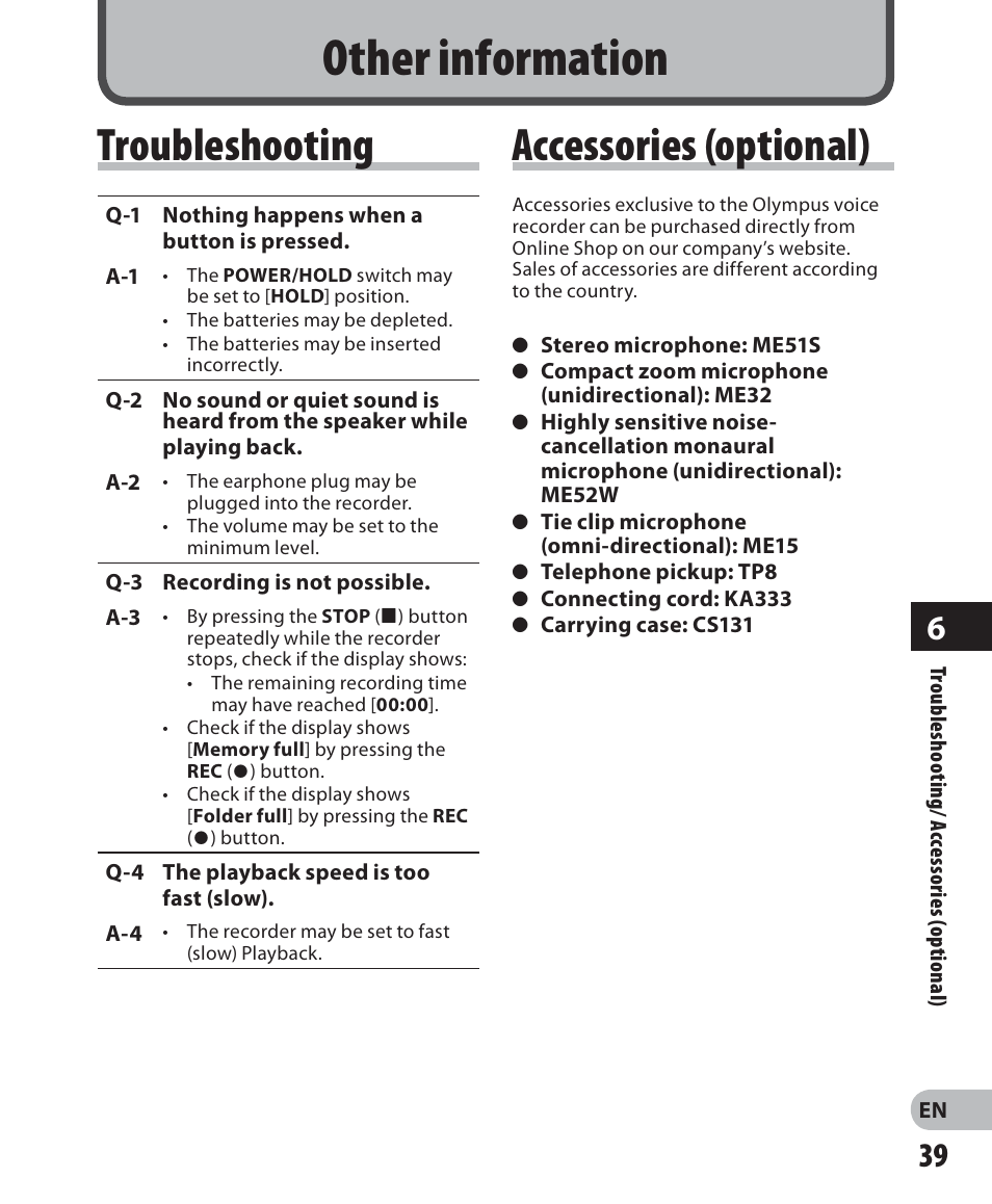 Other information, Troubleshooting accessories (optional) | Olympus VN-702PC User Manual | Page 39 / 45