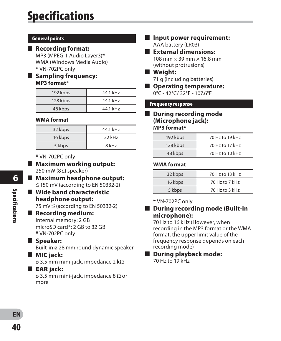 Specifications | Olympus VN-702PC User Manual | Page 40 / 45