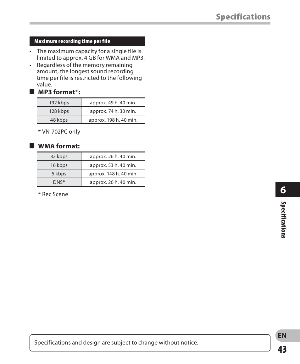 Specifications | Olympus VN-702PC User Manual | Page 43 / 45