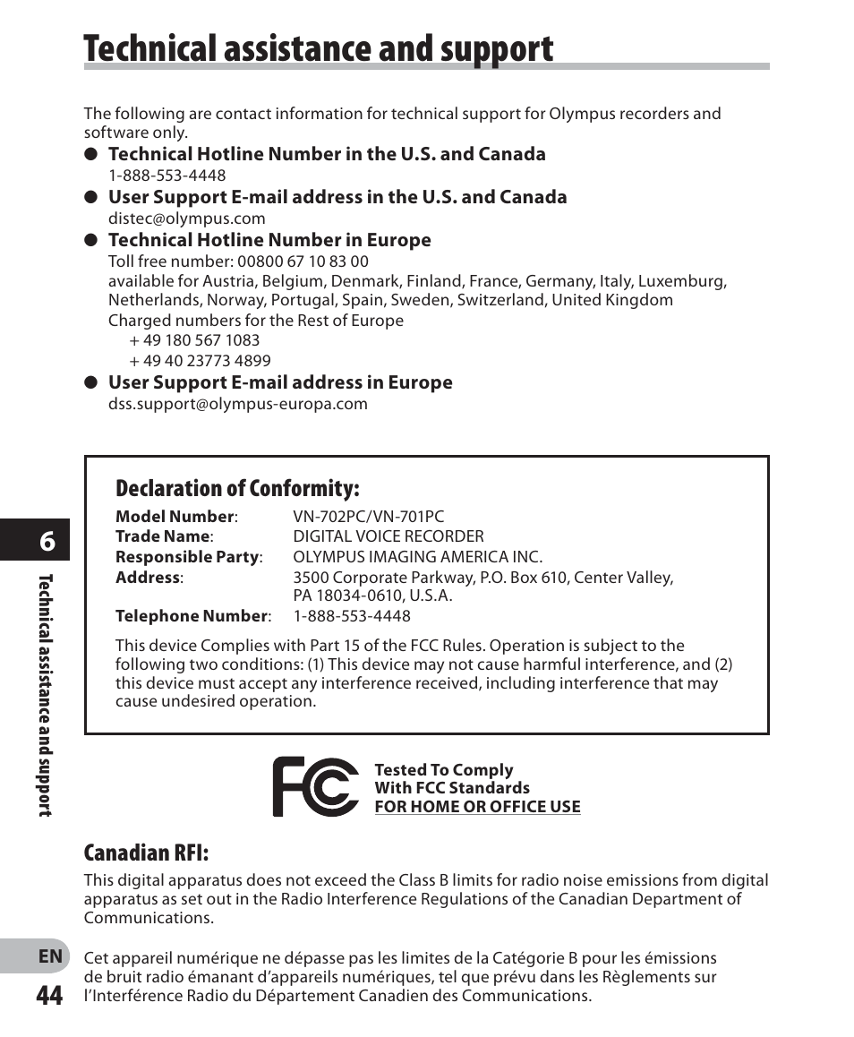 Technical assistance and support, Declaration of conformity, Canadian rfi | Olympus VN-702PC User Manual | Page 44 / 45