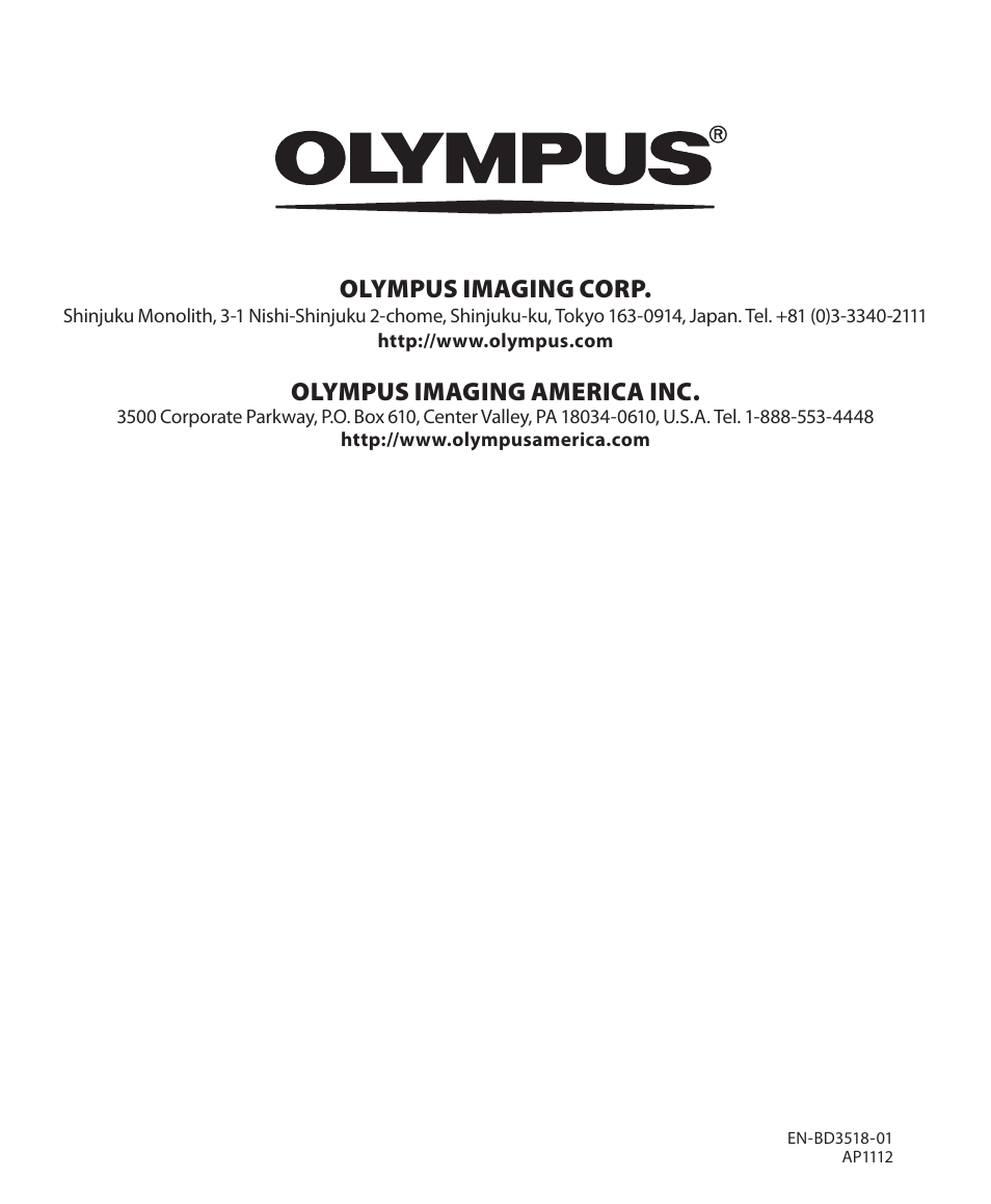 Olympus imaging corp, Olympus imaging america inc | Olympus VN-702PC User Manual | Page 45 / 45
