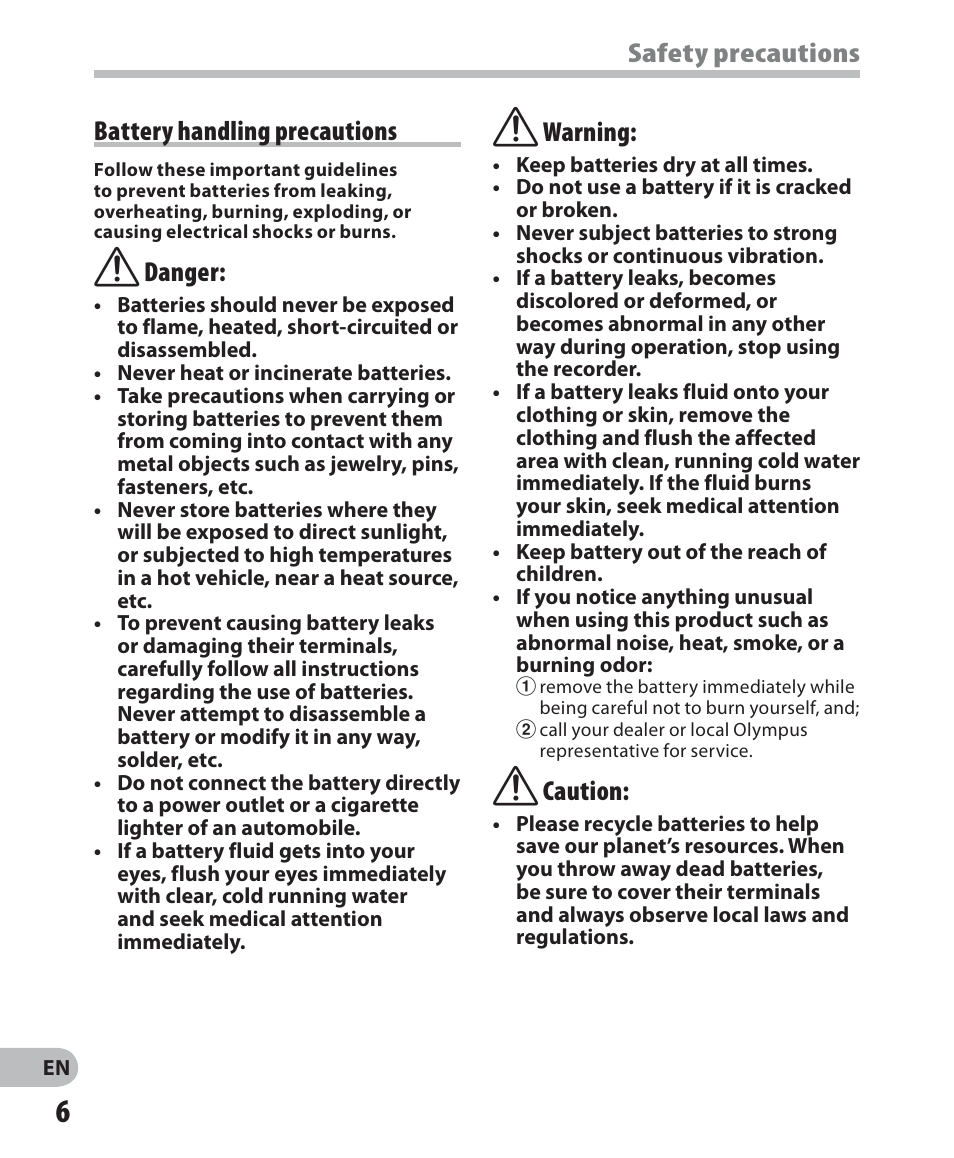 Battery handling precautions, F danger, F warning | F caution, Safety precautions | Olympus VN-702PC User Manual | Page 6 / 45