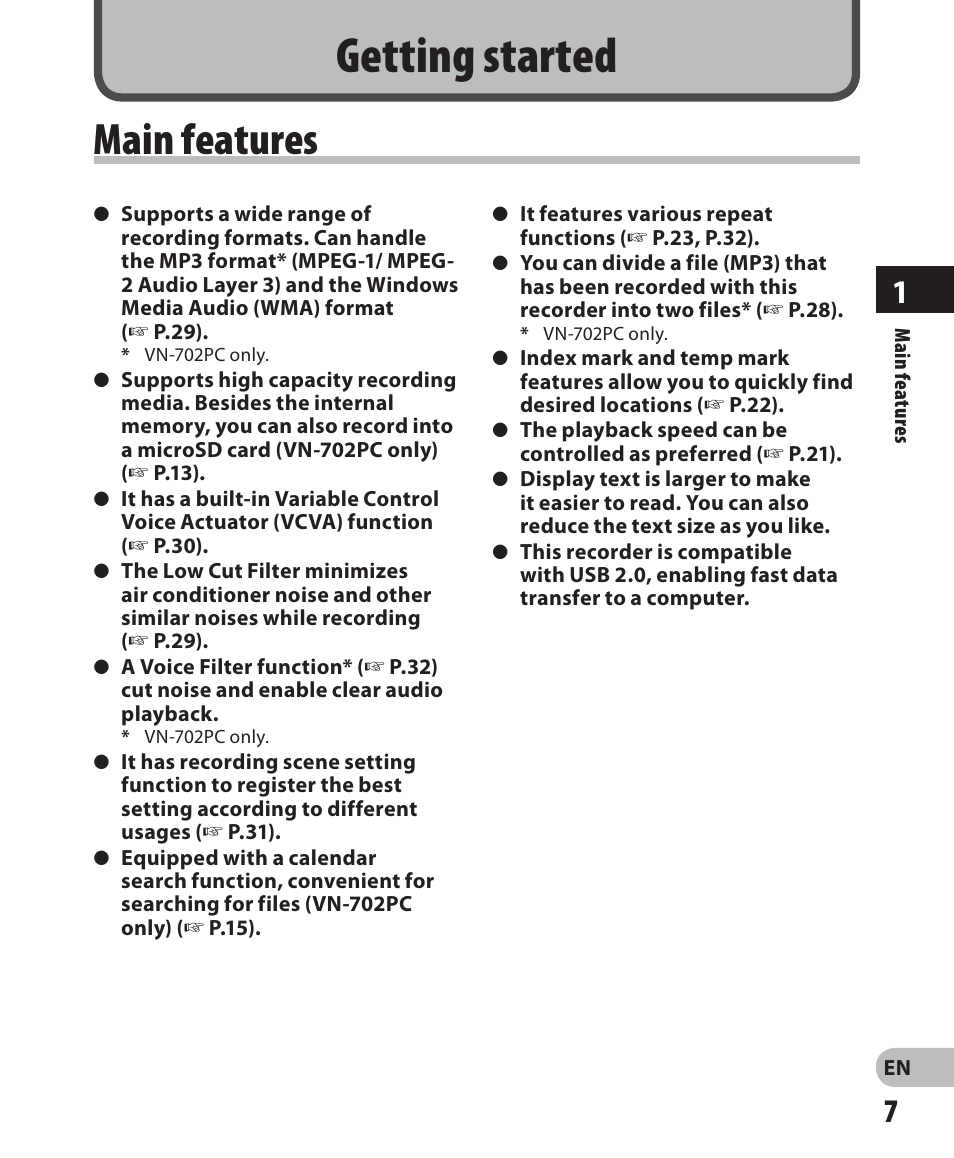 Getting started, Main features | Olympus VN-702PC User Manual | Page 7 / 45