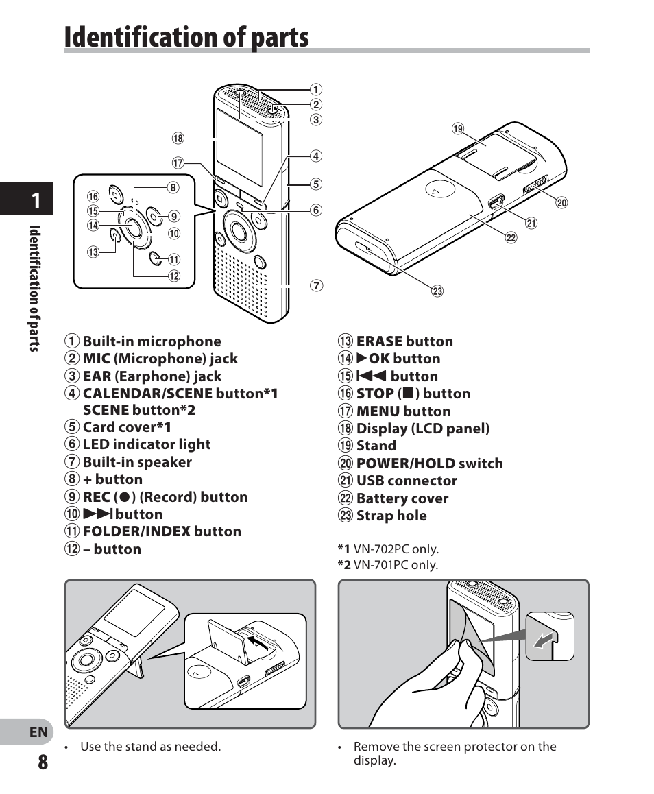 Identification of parts | Olympus VN-702PC User Manual | Page 8 / 45