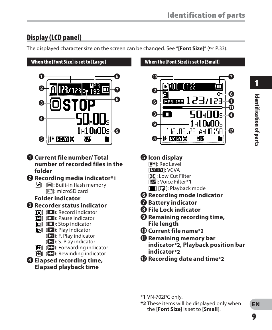 Identification of parts display (lcd panel) | Olympus VN-702PC User Manual | Page 9 / 45