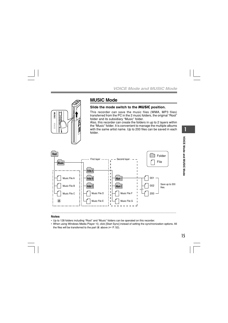 Music mode, Voice mode and music mode | Olympus WS-321M User Manual | Page 15 / 102