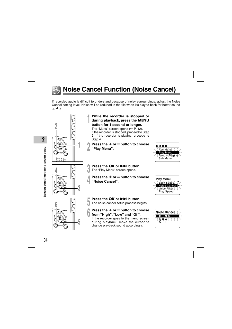 Noise cancel function (noise cancel) | Olympus WS-321M User Manual | Page 34 / 102