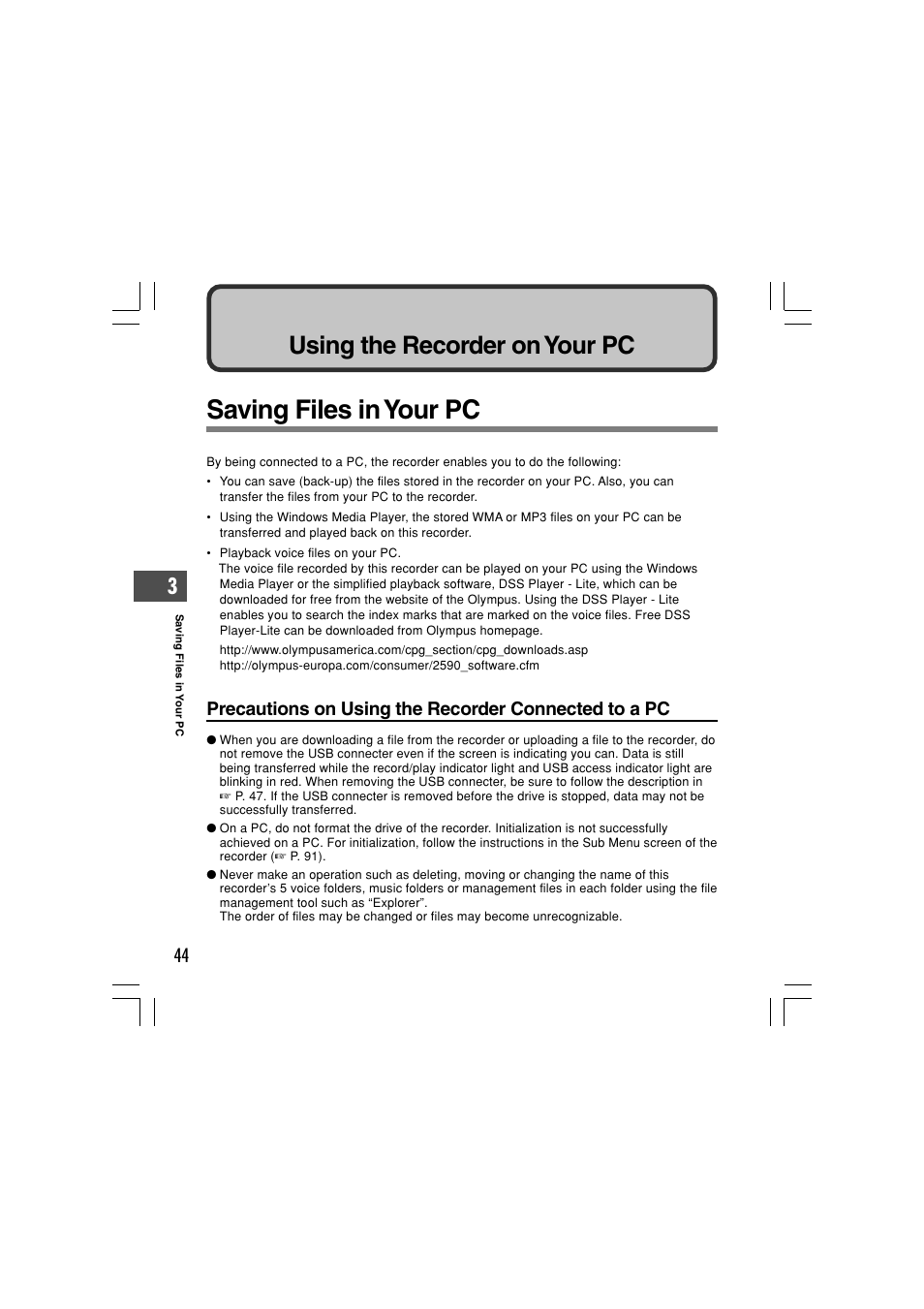 Saving files in your pc, Using the recorder on your pc | Olympus WS-321M User Manual | Page 44 / 102