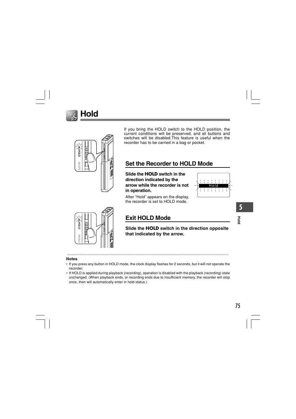 Hold, Set the recorder to hold mode, Exit hold mode | Olympus WS-321M User Manual | Page 75 / 102