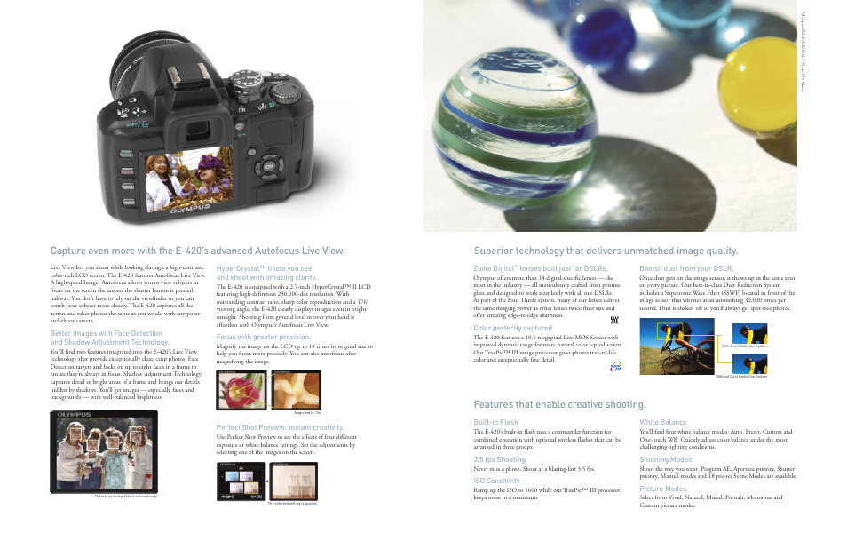 Features that enable creative shooting, Focus with greater precision, Perfect shot preview: instant creativity | Zuiko digital, Lenses built just for dslrs, Color perfectly captured, Banish dust from your dslr, Built-in flash, 5 fps shooting, Iso sensitivity | Olympus E-420 User Manual | Page 3 / 4