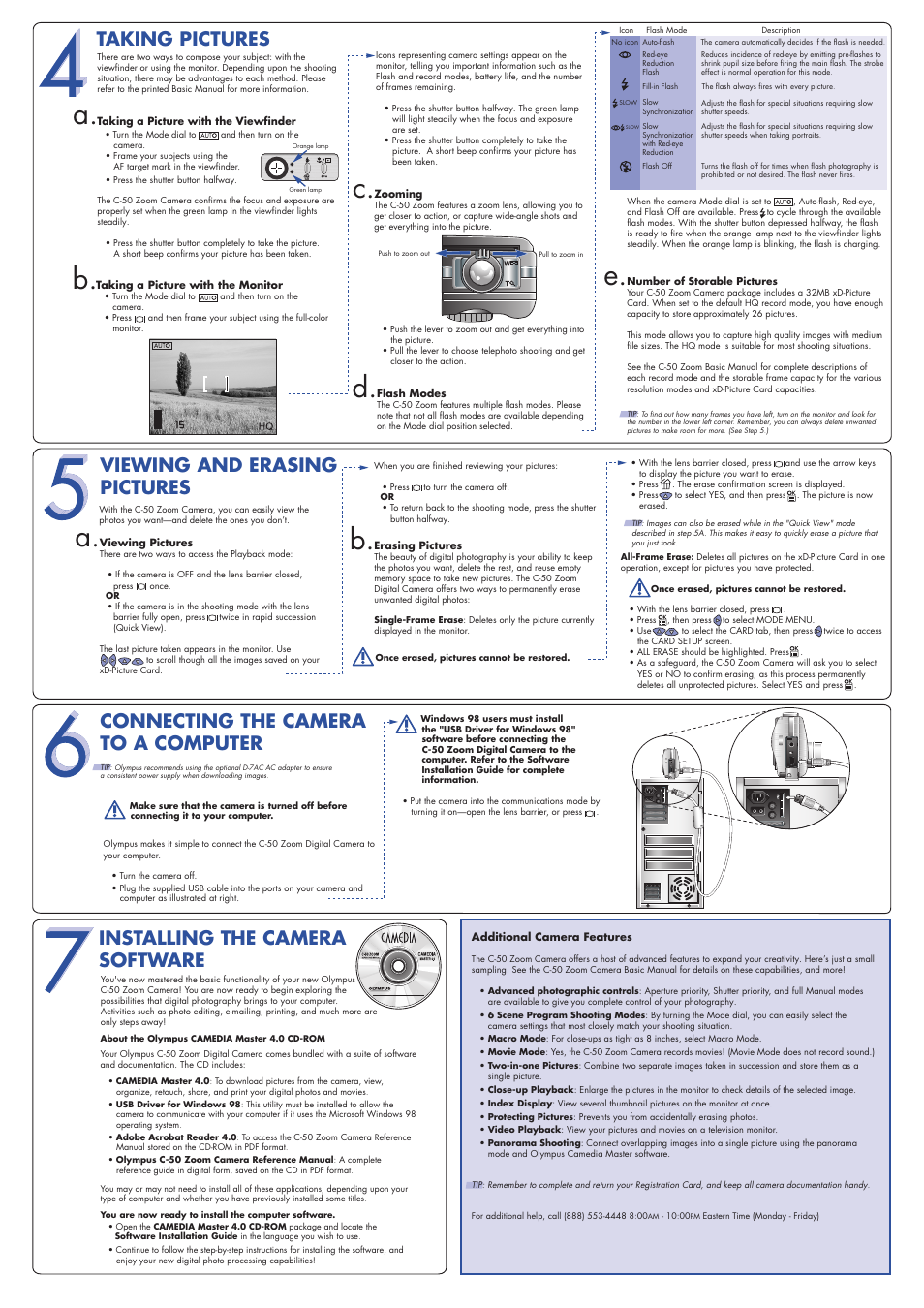A. b, E. c, Taking pictures | Viewing and erasing pictures, Connecting the camera to a computer, Installing the camera software | Olympus C-50 User Manual | Page 2 / 2