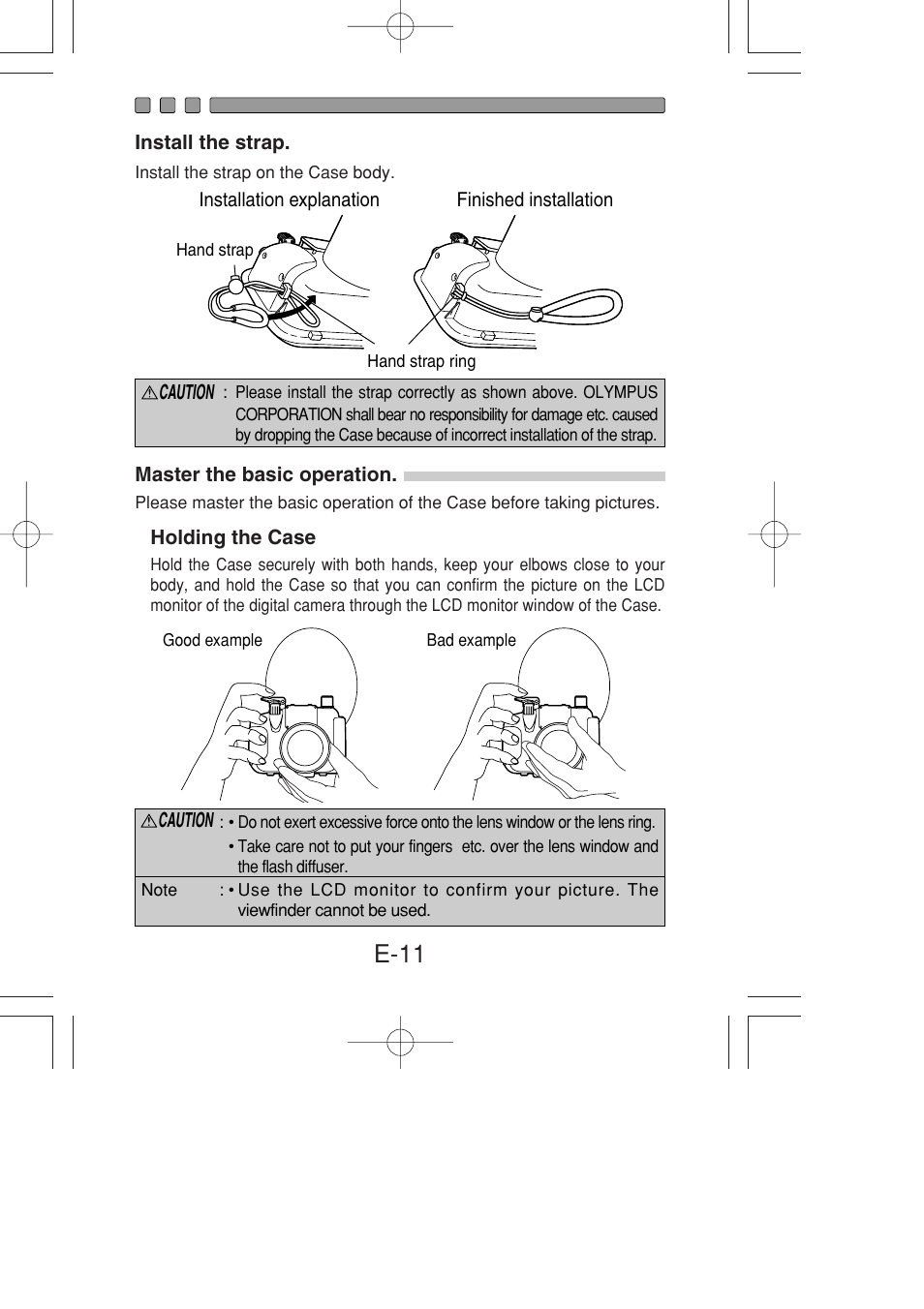 Install the strap, Master the basic operation, Holding the case | E-11 | Olympus PT-022 User Manual | Page 12 / 43