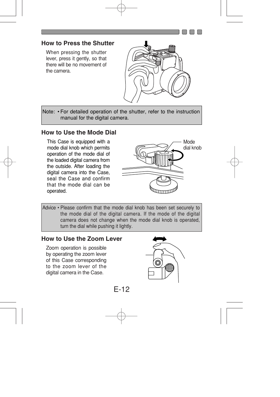 How to press the shutter, How to use the mode dial, How to use the zoom lever | E-12 | Olympus PT-022 User Manual | Page 13 / 43