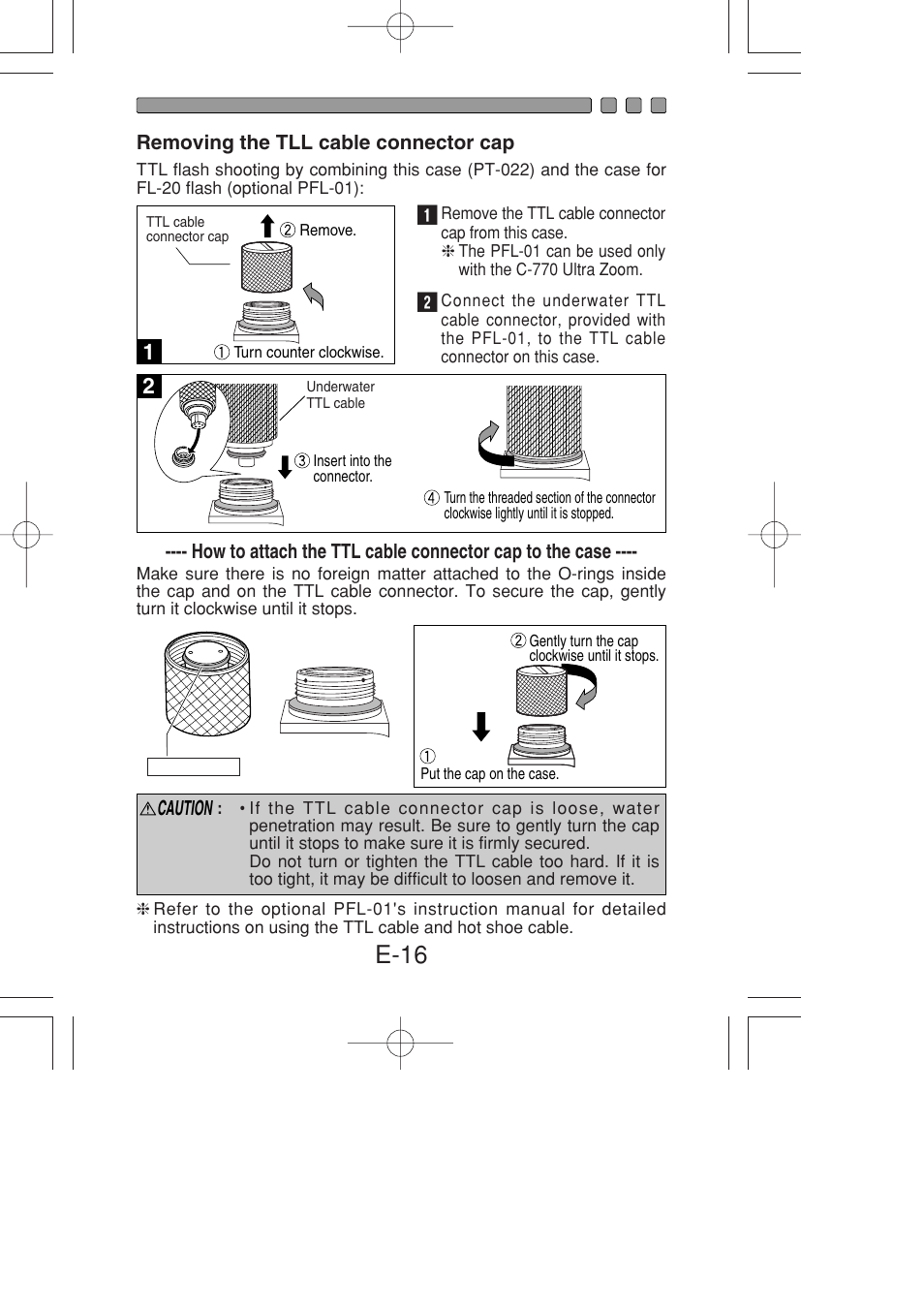 Removing the tll cable connector cap, E-16 | Olympus PT-022 User Manual | Page 17 / 43