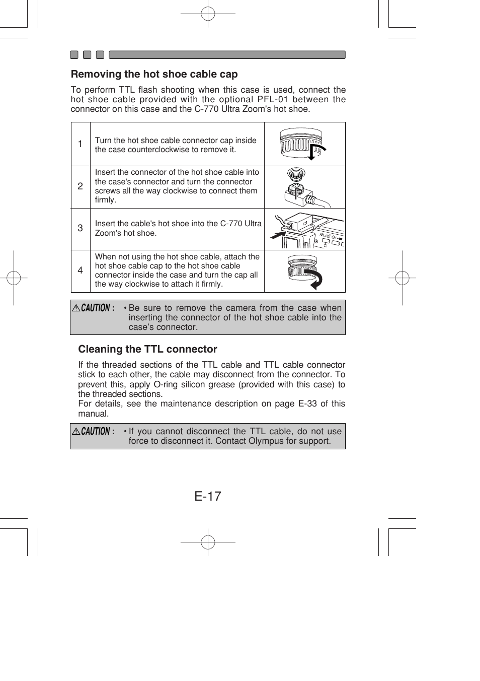 Removing the hot shoe cable cap, Cleaning the ttl connector, E-17 | Olympus PT-022 User Manual | Page 18 / 43