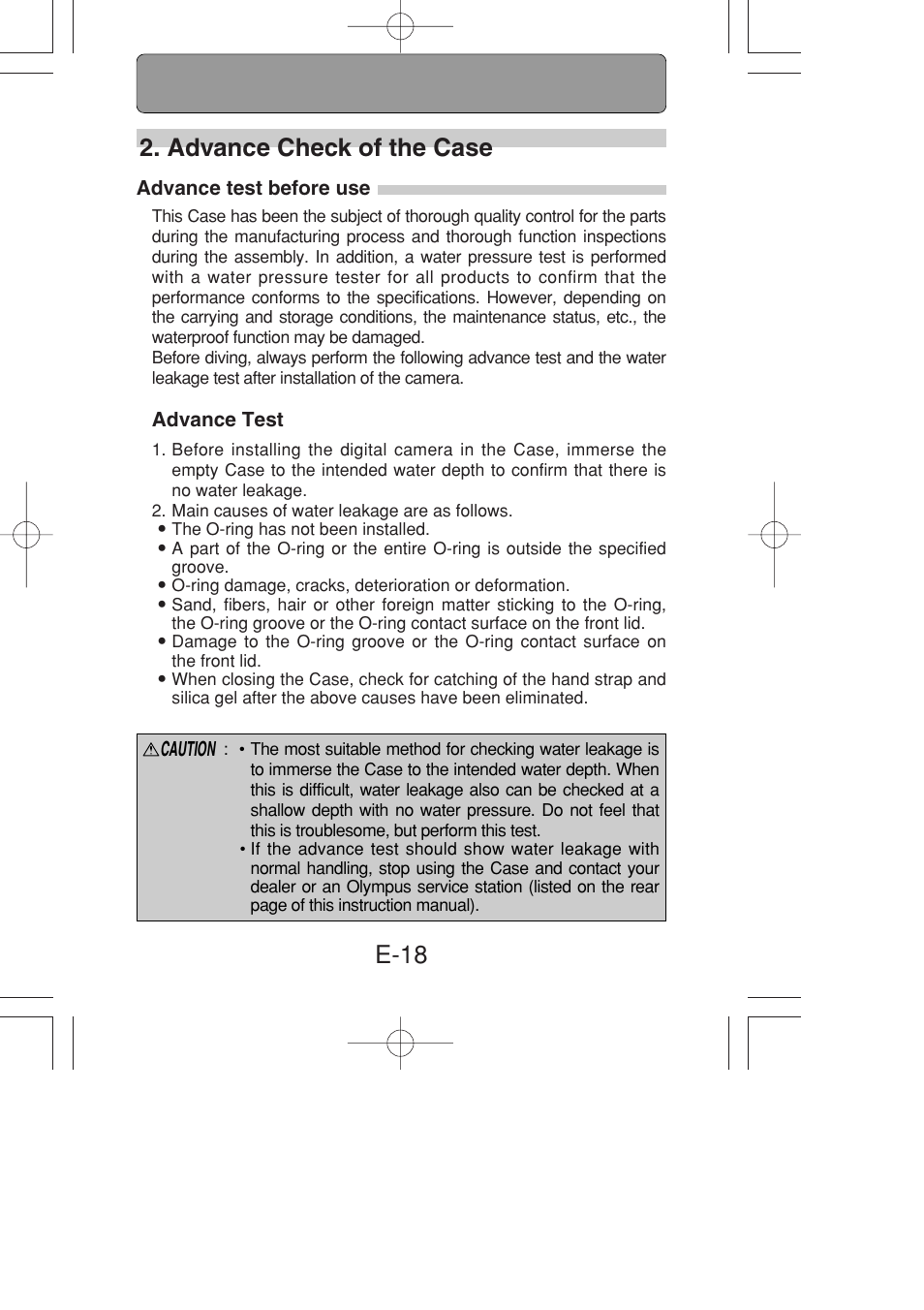 Advance check of the case, Advance test before use, Advance test | E-18 2. advance check of the case | Olympus PT-022 User Manual | Page 19 / 43