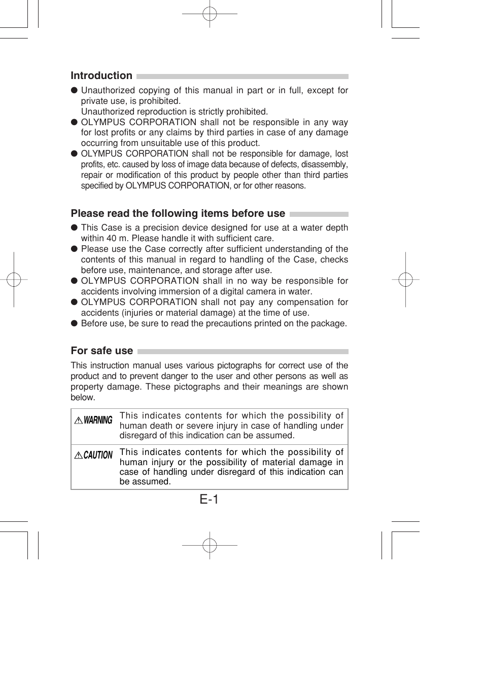 Introduction, Please read the following items before use, For safe use | Olympus PT-022 User Manual | Page 2 / 43