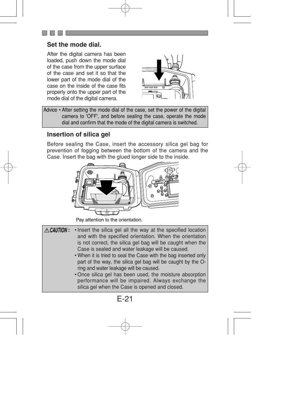 Set the mode dial, Insertion of silica gel, E-21 | Olympus PT-022 User Manual | Page 22 / 43
