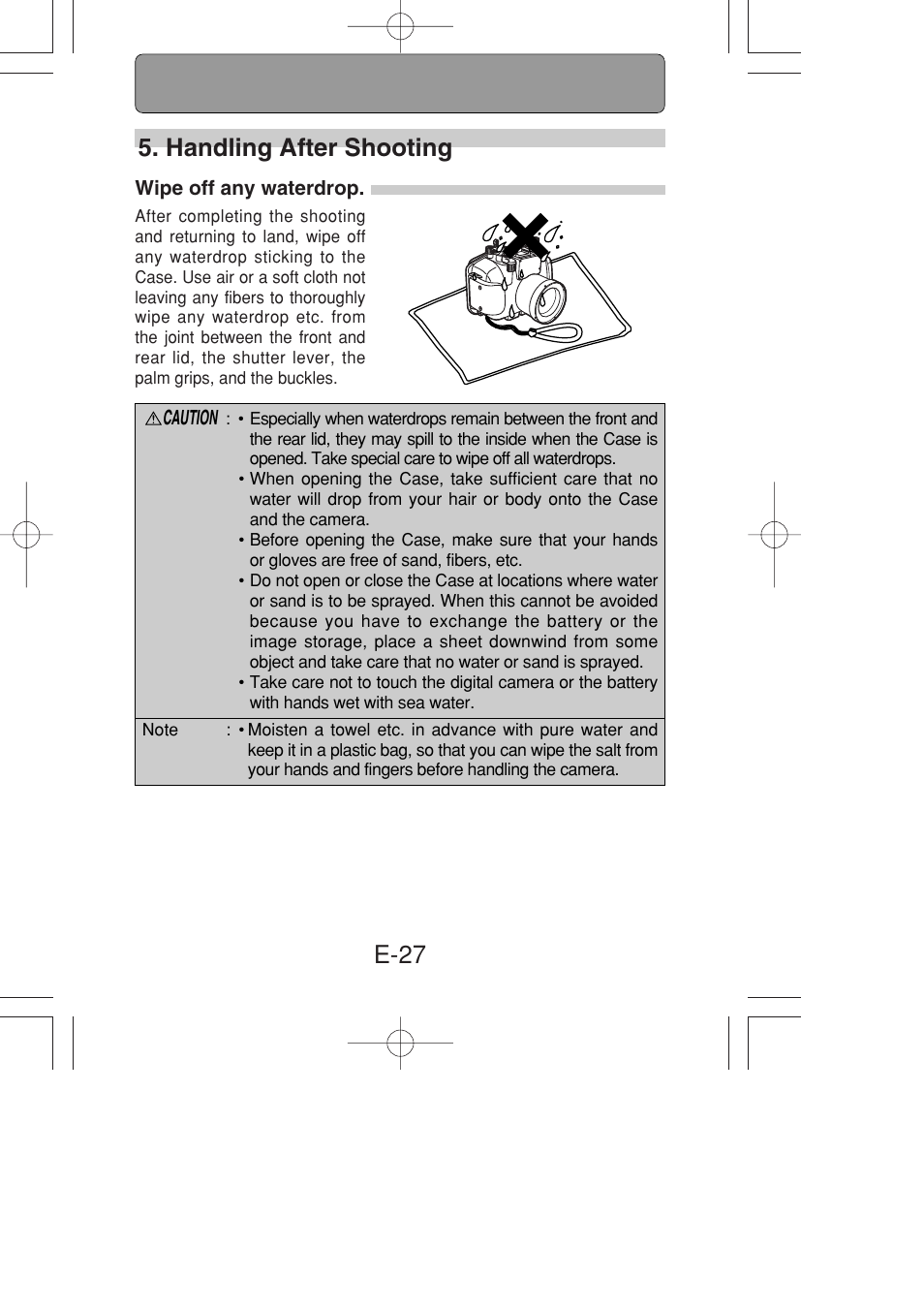 Handling after shooting, Wipe off any waterdrop, E-27 5. handling after shooting | Olympus PT-022 User Manual | Page 28 / 43