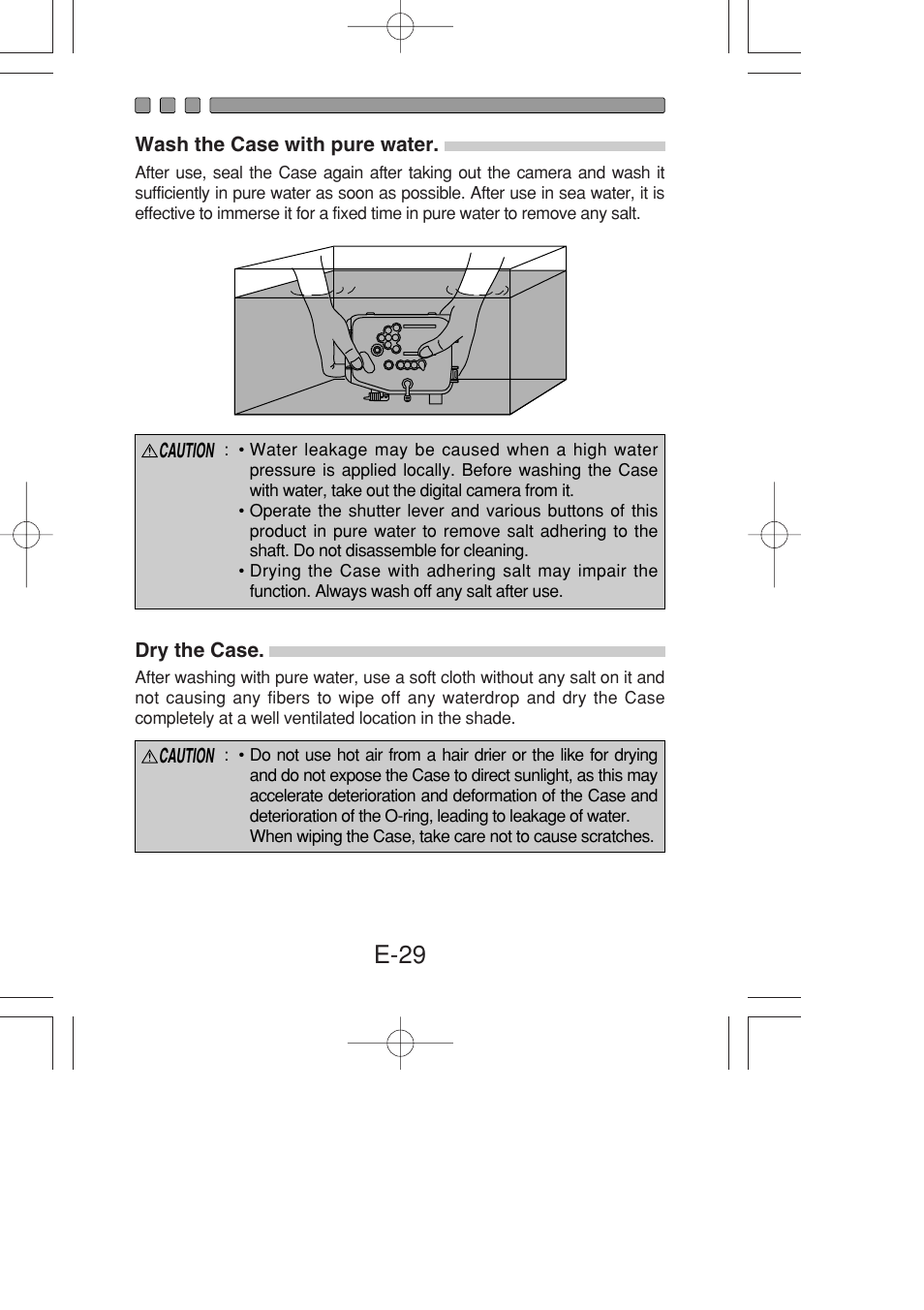 Wash the case with pure water, Dry the case, E-29 | Olympus PT-022 User Manual | Page 30 / 43