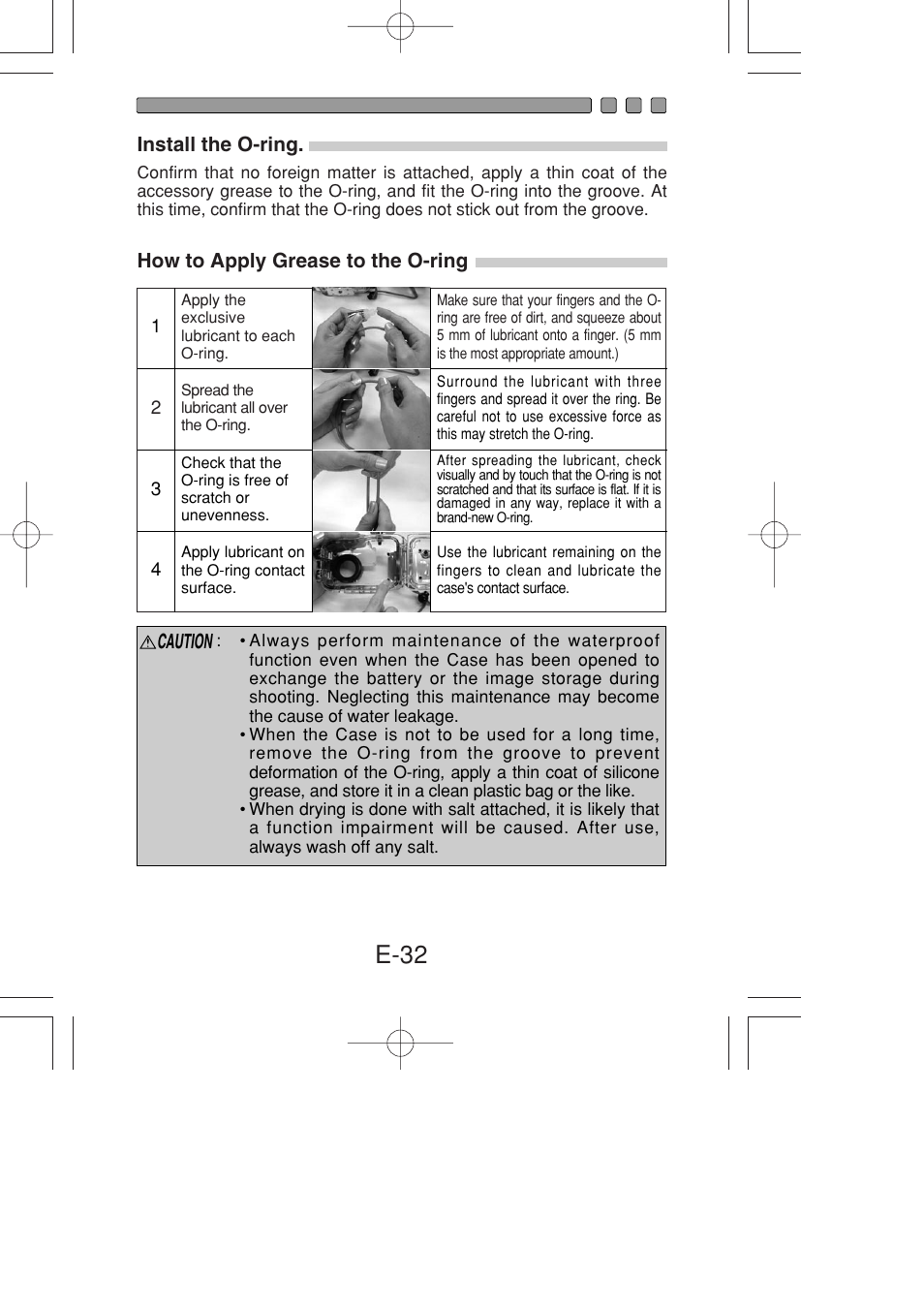Install the o-ring, How to apply grease to the o-ring, E-32 | Caution | Olympus PT-022 User Manual | Page 33 / 43