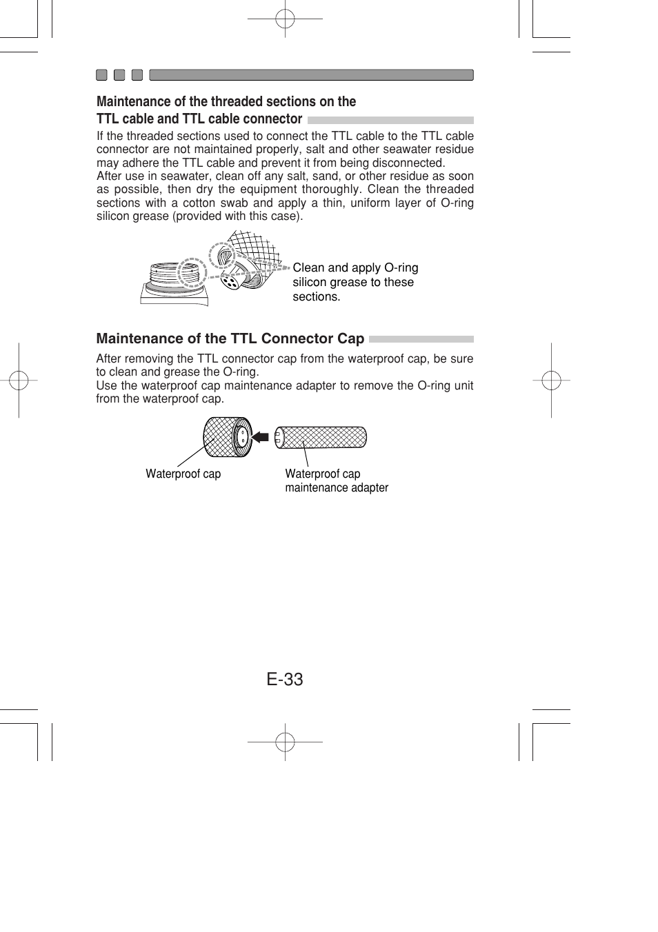 Maintenance of the ttl connector cap, E-33 | Olympus PT-022 User Manual | Page 34 / 43