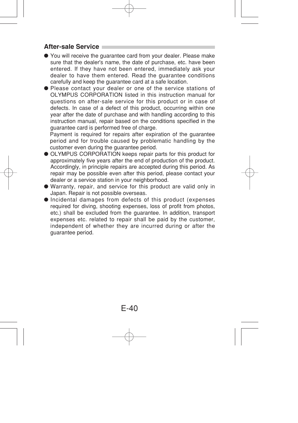 After-sale service, E-40 | Olympus PT-022 User Manual | Page 41 / 43