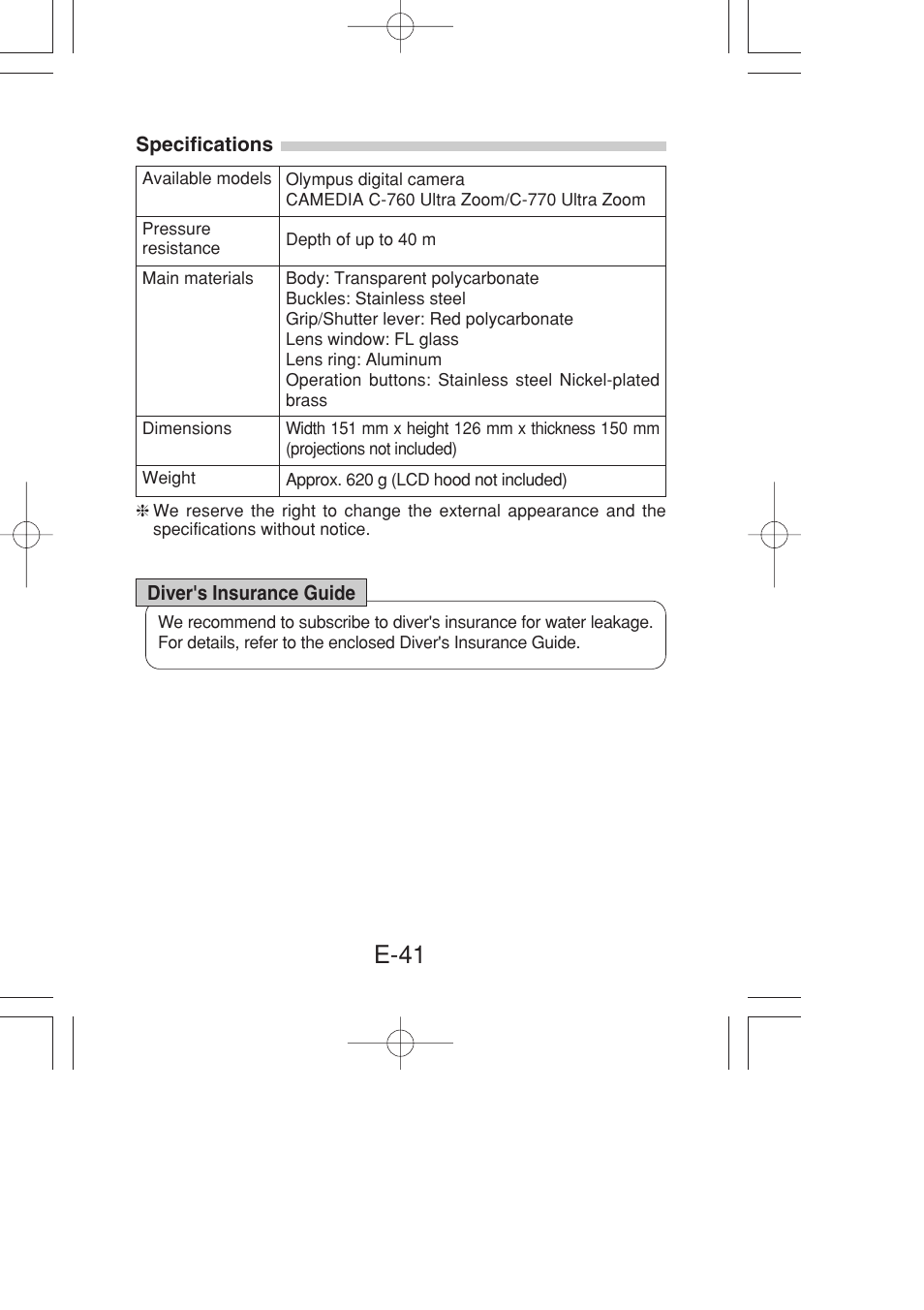 Specifications, Diver's insurance guide, E-41 | Olympus PT-022 User Manual | Page 42 / 43