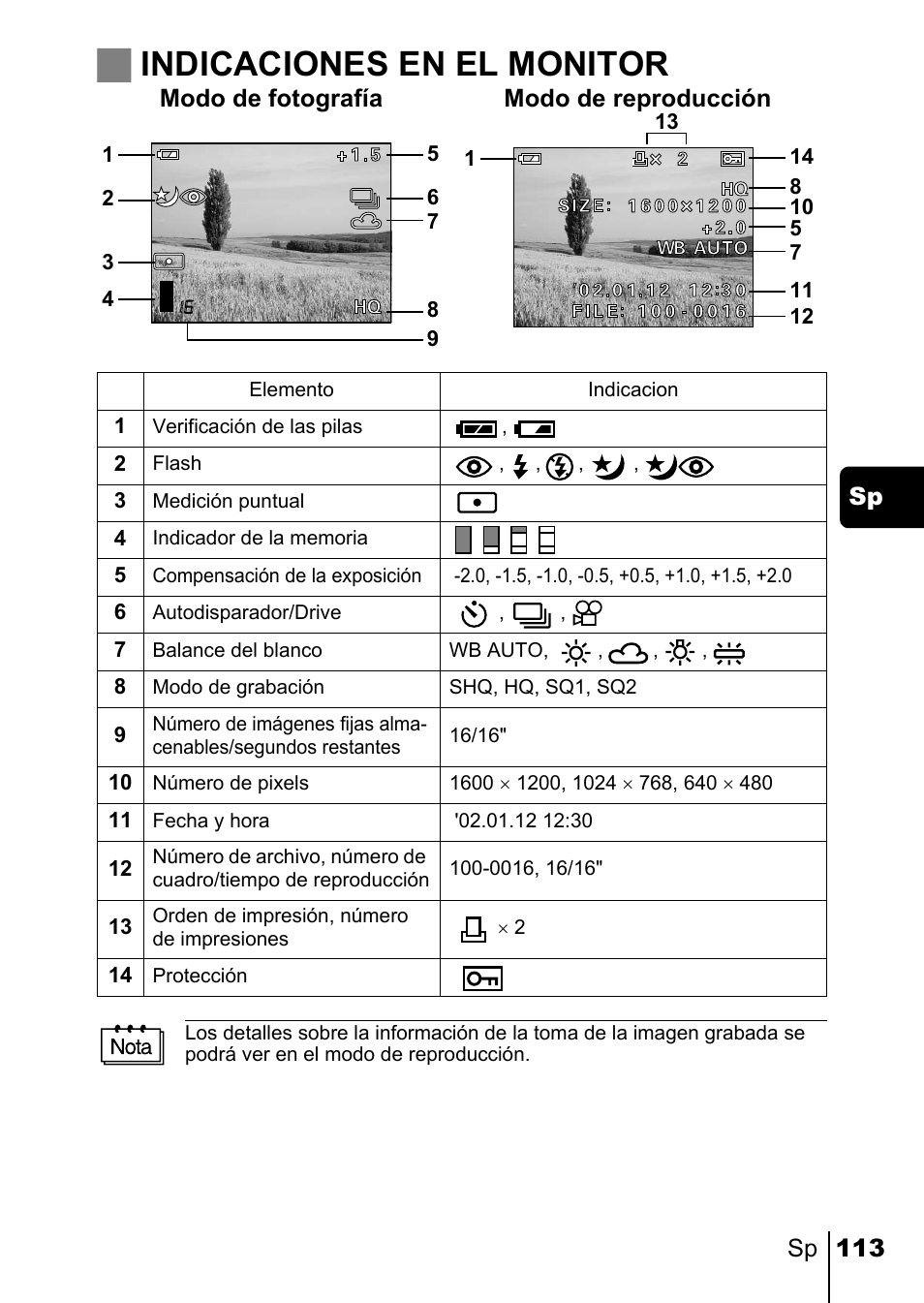Jindicaciones en el monitor | Olympus C-220 Zoom User Manual | Page 113 / 180