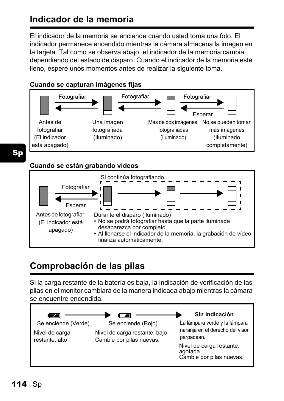 Comprobación de las pilas, 114 sp sp | Olympus C-220 Zoom User Manual | Page 114 / 180