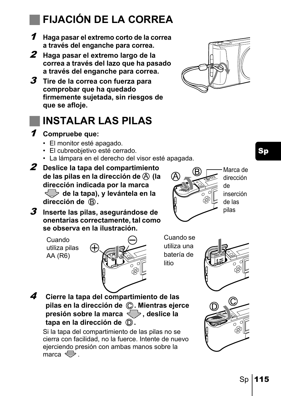 Jfijación de la correa, Jinstalar las pilas | Olympus C-220 Zoom User Manual | Page 115 / 180