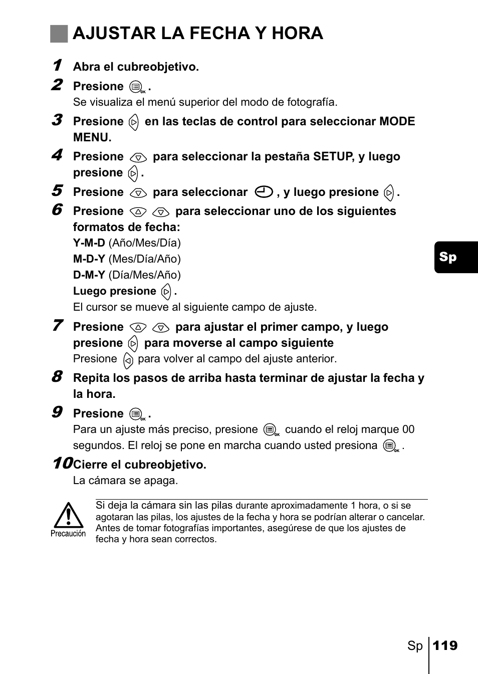 Jajustar la fecha y hora | Olympus C-220 Zoom User Manual | Page 119 / 180
