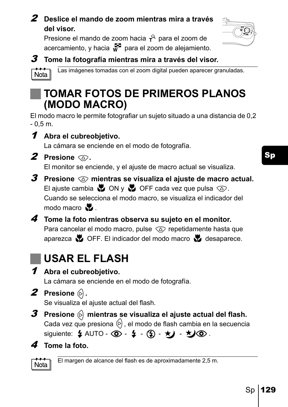 Jtomar fotos de primeros planos (modo macro), Jusar el flash | Olympus C-220 Zoom User Manual | Page 129 / 180
