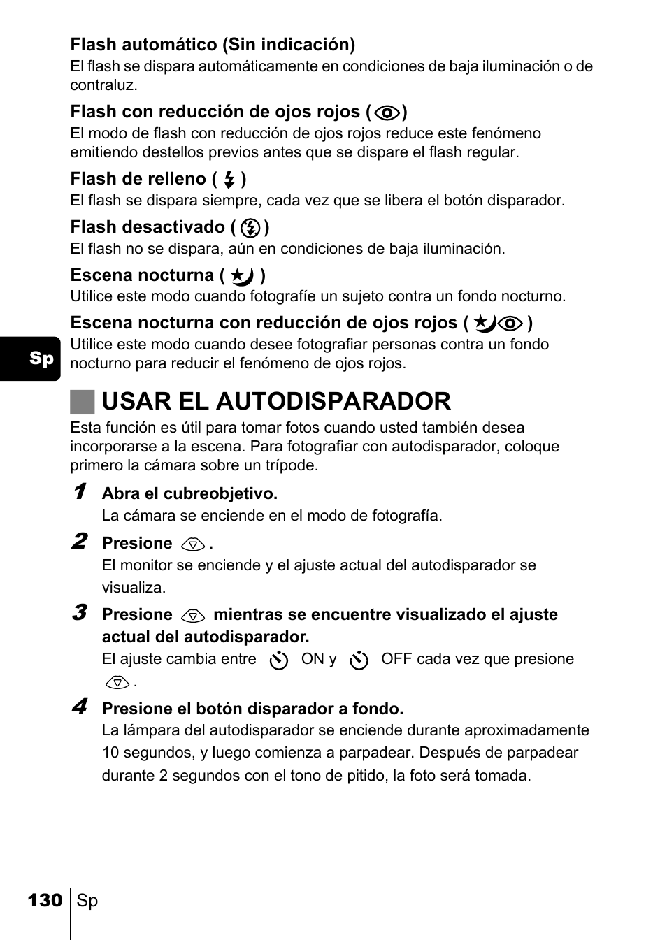 Jusar el autodisparador | Olympus C-220 Zoom User Manual | Page 130 / 180