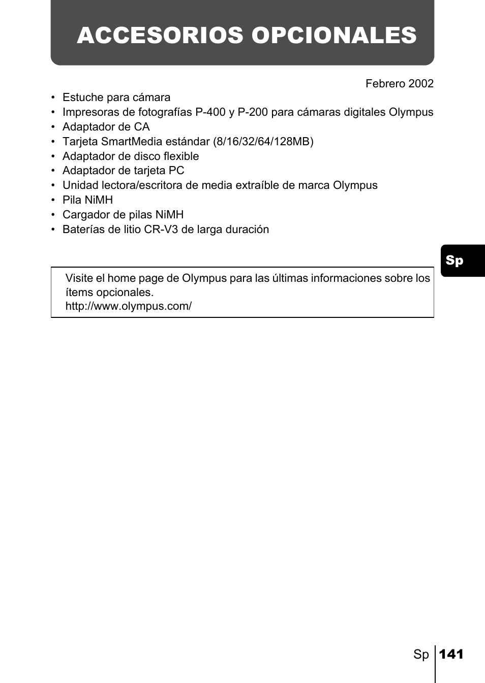 Accesorios opcionales | Olympus C-220 Zoom User Manual | Page 141 / 180
