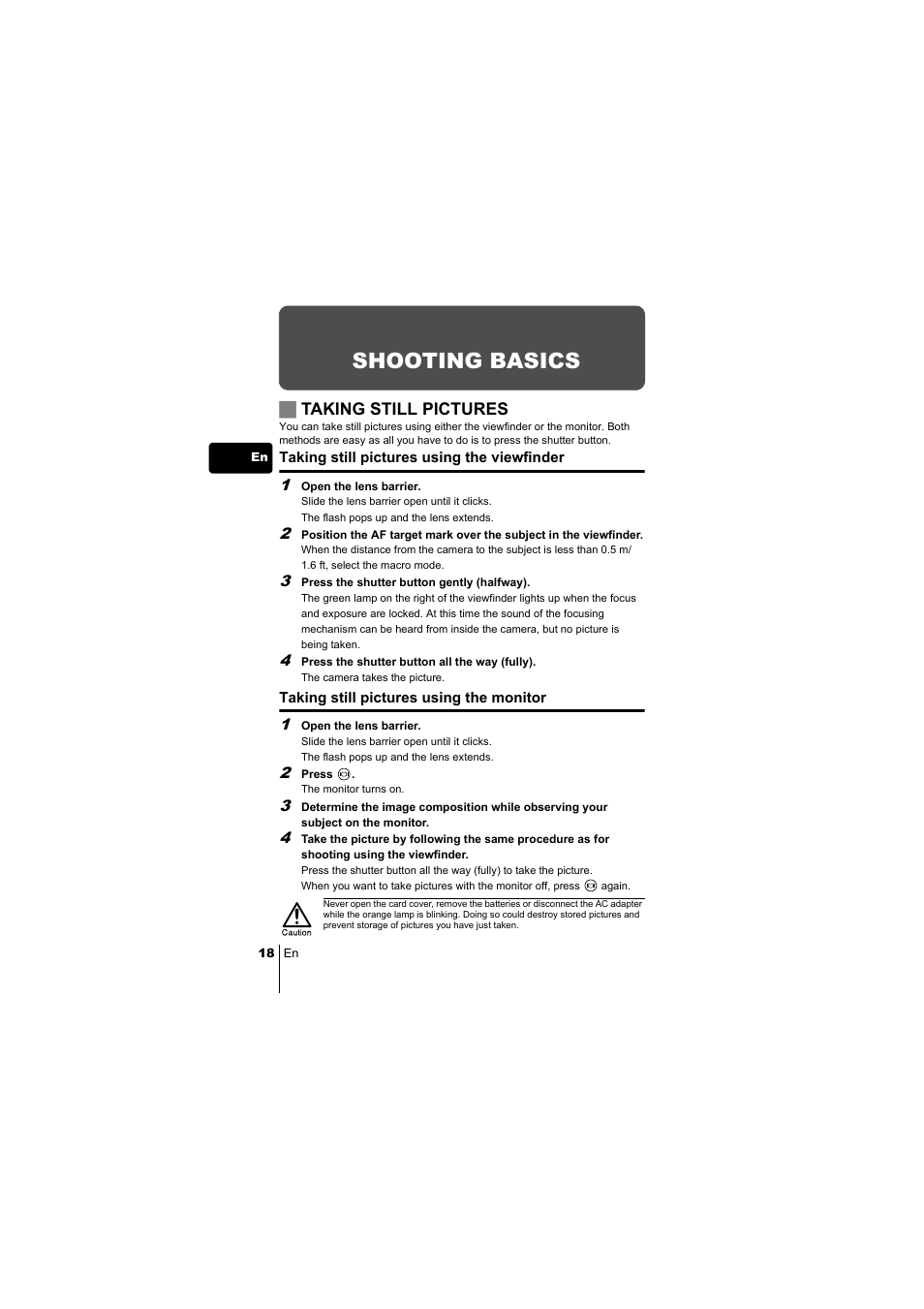 Shooting basics, Jtaking still pictures | Olympus C-220 Zoom User Manual | Page 18 / 180