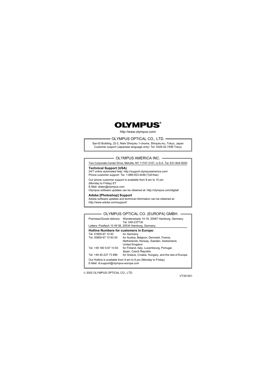 Olympus optical co., ltd, Olympus america inc, Olympus optical co. (europa) gmbh | Olympus C-220 Zoom User Manual | Page 180 / 180