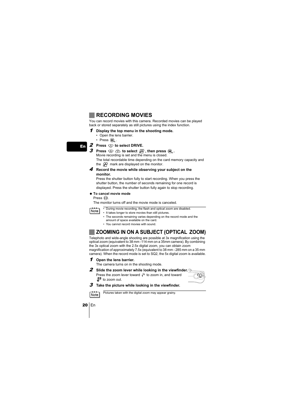 Jrecording movies, Jzooming in on a subject (optical zoom) | Olympus C-220 Zoom User Manual | Page 20 / 180