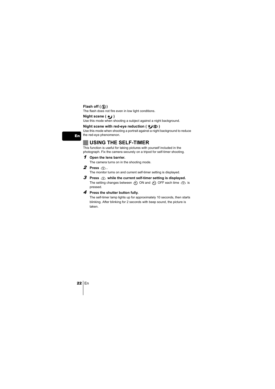 Jusing the self-timer | Olympus C-220 Zoom User Manual | Page 22 / 180