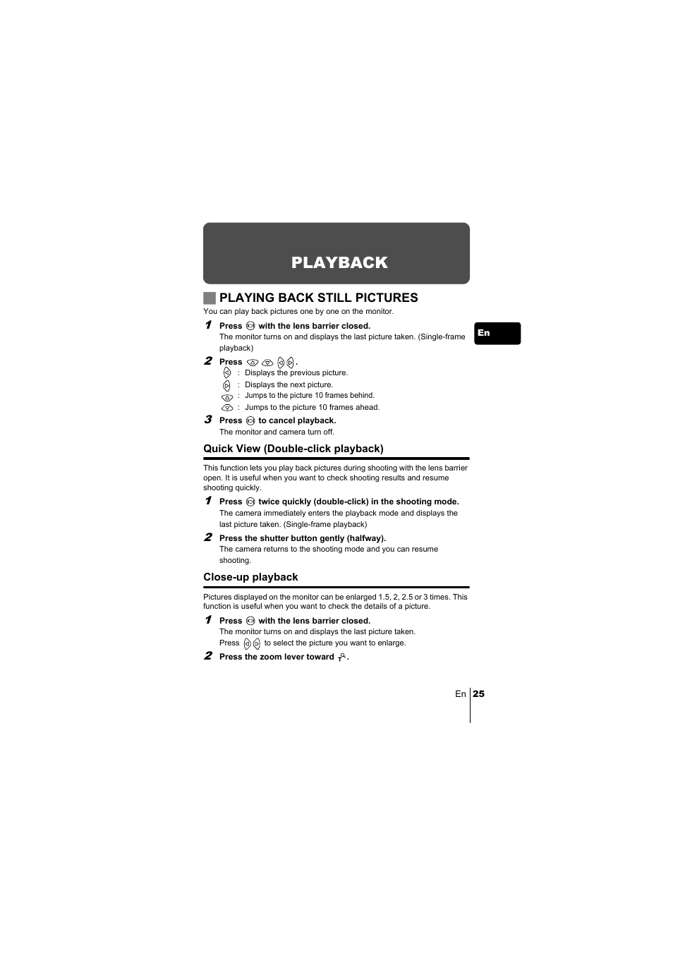Playback, Jplaying back still pictures | Olympus C-220 Zoom User Manual | Page 25 / 180