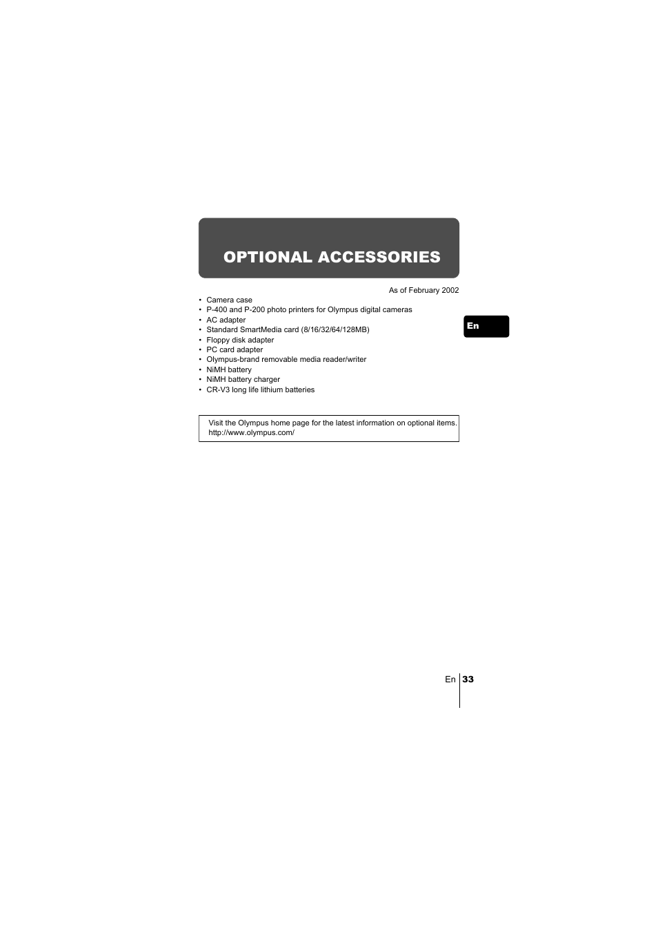 Optional accessories | Olympus C-220 Zoom User Manual | Page 33 / 180