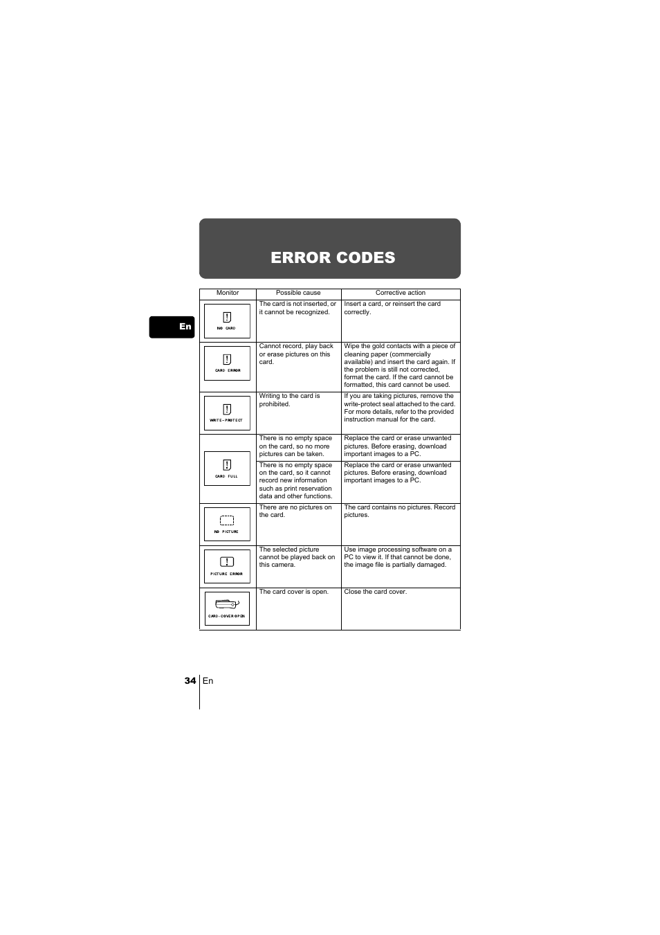 Error codes, 34 en en | Olympus C-220 Zoom User Manual | Page 34 / 180