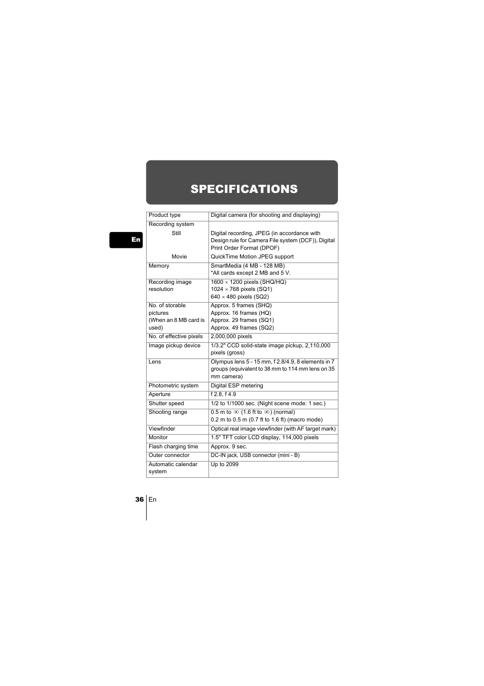 Specifications | Olympus C-220 Zoom User Manual | Page 36 / 180