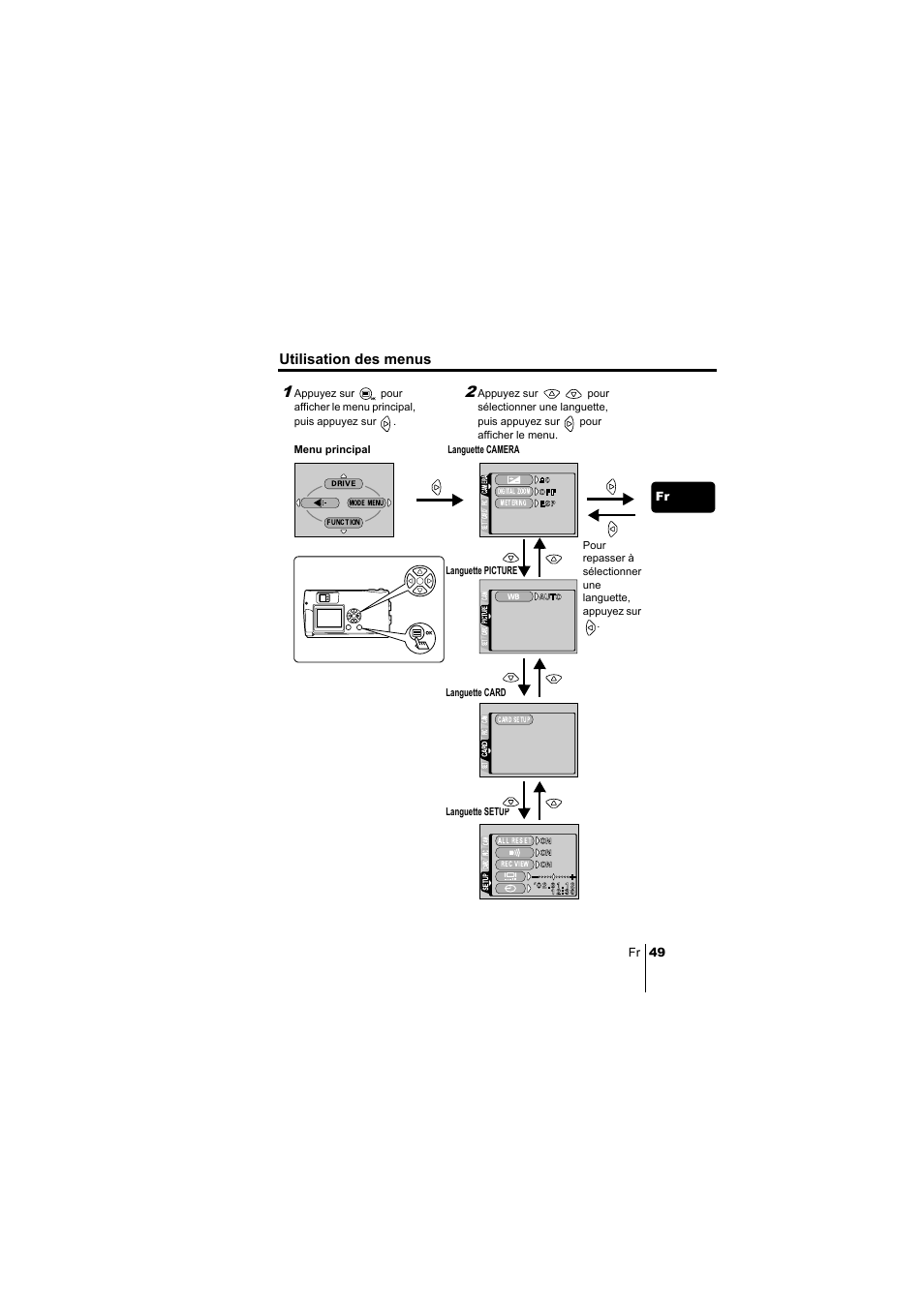 Utilisation des menus, Fr 49 fr | Olympus C-220 Zoom User Manual | Page 49 / 180