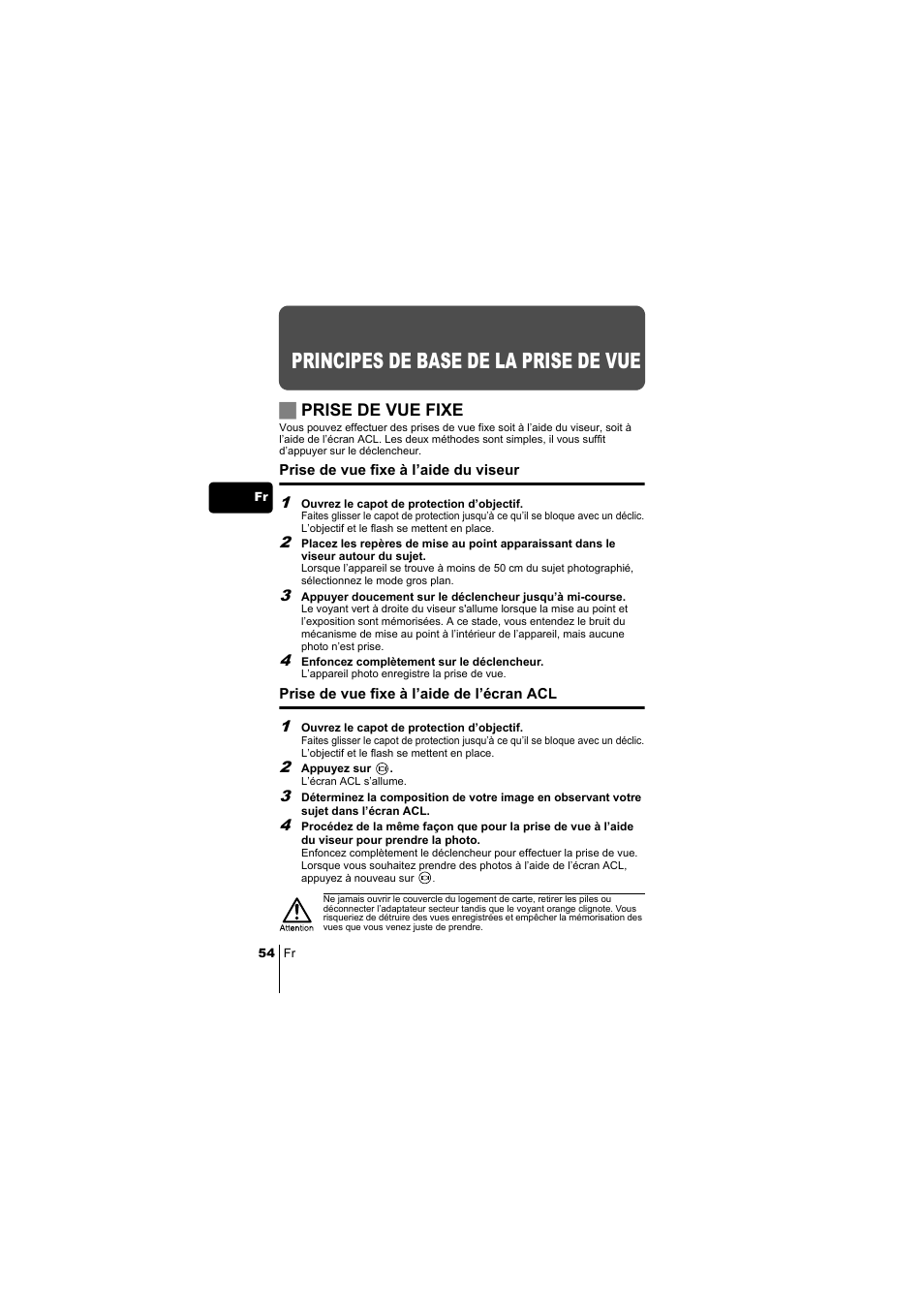 Principes de base de la prise de vue, Jprise de vue fixe | Olympus C-220 Zoom User Manual | Page 54 / 180