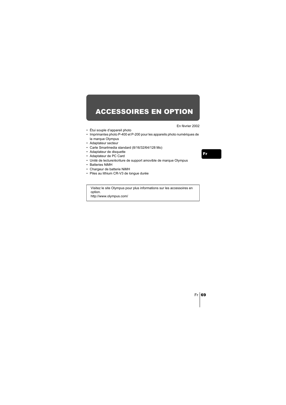 Accessoires en option | Olympus C-220 Zoom User Manual | Page 69 / 180