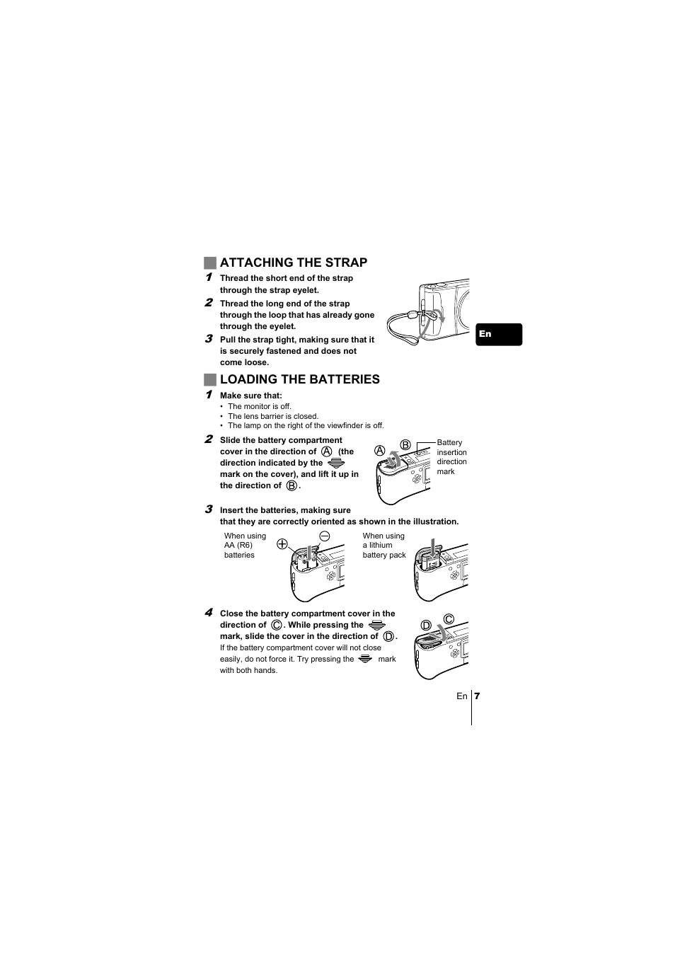 Jattaching the strap, Jloading the batteries | Olympus C-220 Zoom User Manual | Page 7 / 180